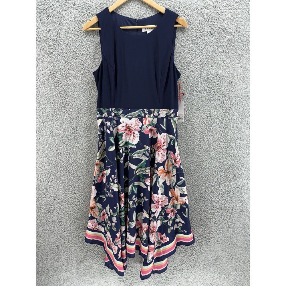 ELLE Women's Size‎ Large Dress High Low Sleeveless Navy Pink White Floral NWT